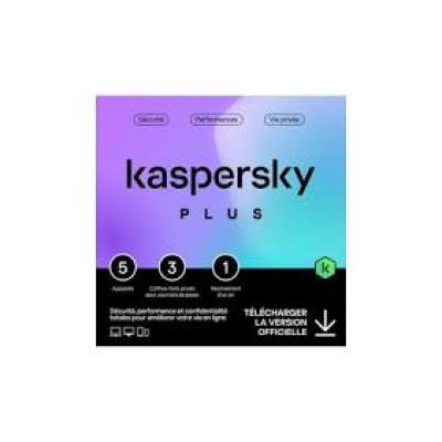 Kaspersky Plus (équivalent à Internet Security) - 5 Postes / 1 an